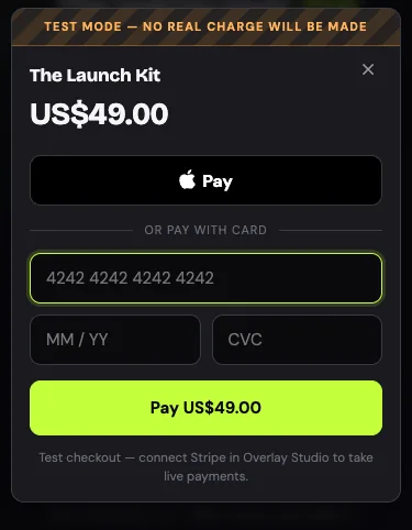 The mobile checkout sheet with an Apple Pay button, card fields and a test mode banner