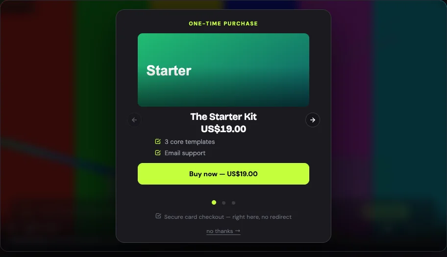 A multi-product checkout slider open on top of a playing video, with a Buy now button
