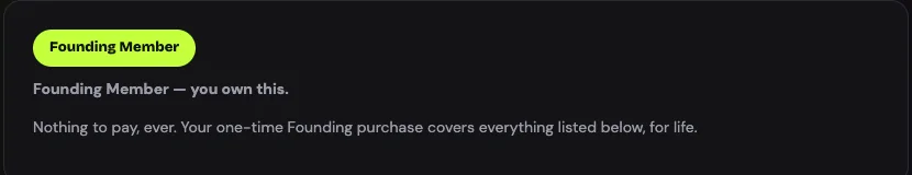 The billing page after a founding purchase: Founding Member, you own this. Nothing to pay, ever.